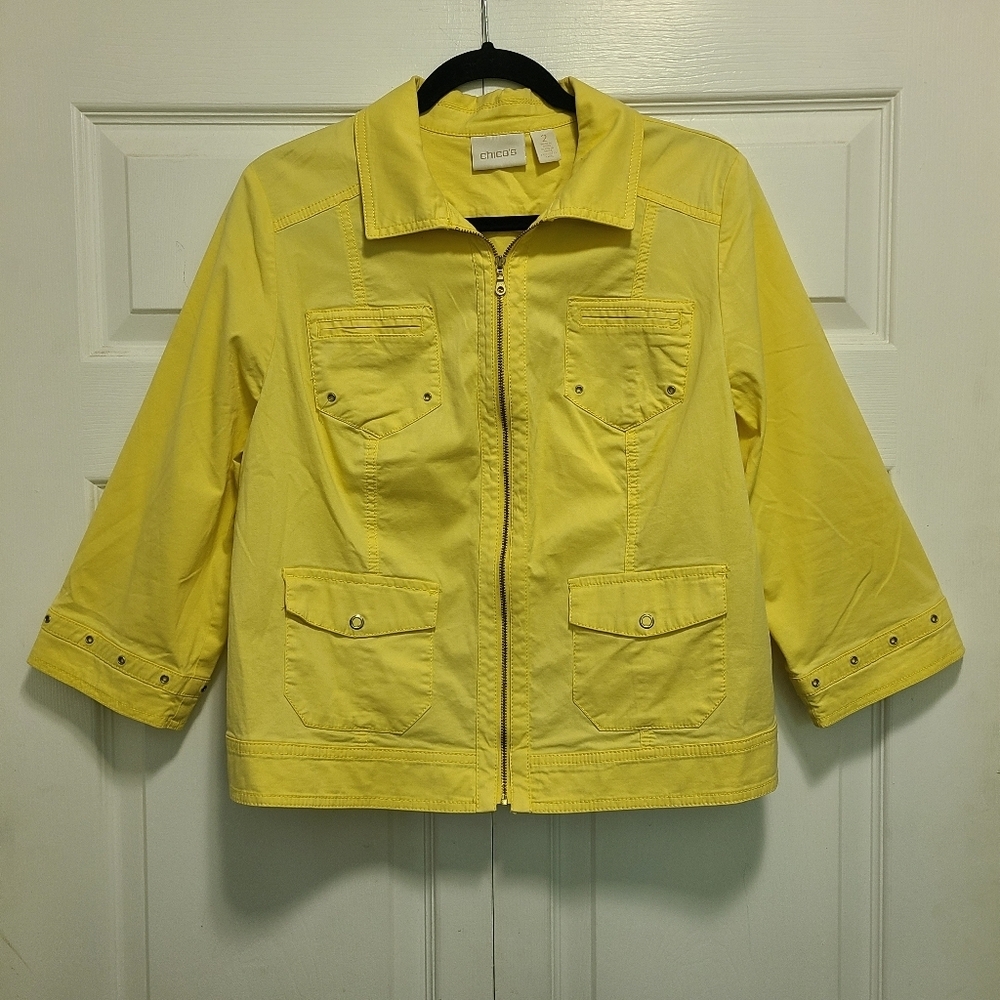 Chico's Yellow Jacket Coat with Collared Neckline and 3/4 Sleeves Size 2 - Picture 2 of 16